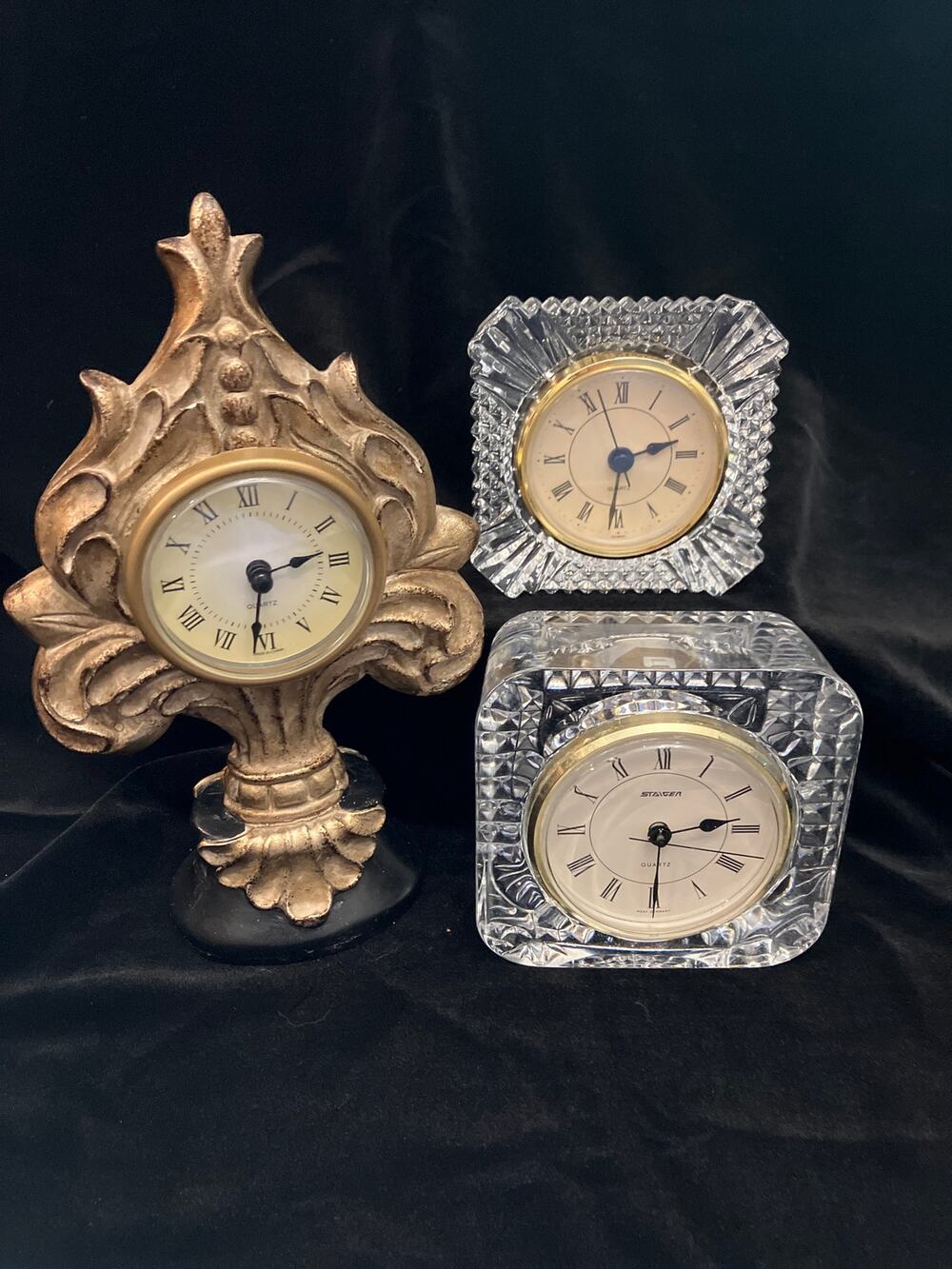 Lot of 3 Vintage Desk Clocks Crystal, Antiqued Resin, 1 Staiger, all working.